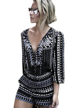 Black Tribal Print High Waist Pattern Short Romper Fashion Casual 2016 Summer Women Jumpsuit Lady Overall One Piece V Neck Sexy