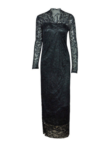 Black V-Neck Slim Blue Solid Party Dresses Lace Full Sleeve Floor Length Dress 2017 Women Dress Summer 2017 Fall Autumn