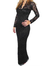 Black V-Neck Slim Blue Solid Party Dresses Lace Full Sleeve Floor Length Dress 2017 Women Dress Summer 2017 Fall Autumn