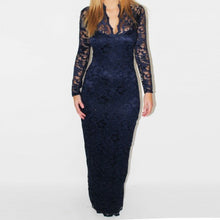 Black V-Neck Slim Blue Solid Party Dresses Lace Full Sleeve Floor Length Dress 2017 Women Dress Summer 2017 Fall Autumn