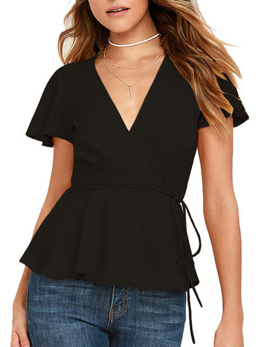 Blooming Jelly Black Ruffle Tunic Top Sexy Deep V Neck Blouse 2017 Fashion Short Chiffon Women Blouses