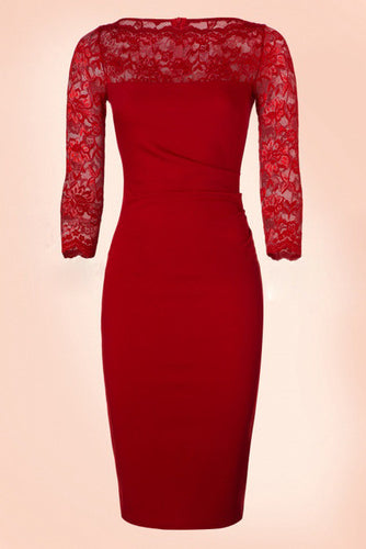 Blooming Jelly Lace Patchwork Dress Red O-Neck Pencil Dress Mid-calf Vintage Summer Dresses 2017