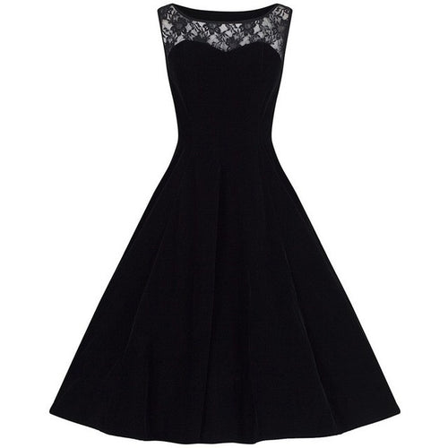 Blooming Jelly Lace Patchwork Swing Dress O-Neck Black Sleeveless Dress Fit and Flare Summer Dresses 2017