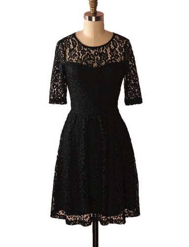 Blooming Jelly Lace Tunic Swing Dress Black Half Sleeves Dress Elastic Women Dresses 2017