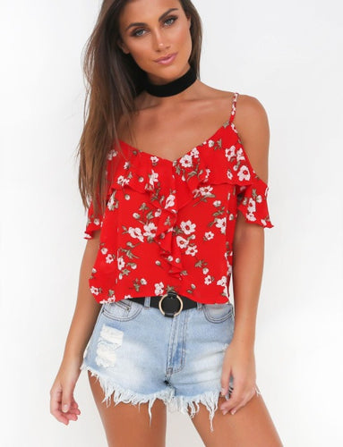 Blooming Jelly Off Shoulder V Neck Strap Blouse Floral Print Ruffled Fashion Short Chiffon Blouses 2017