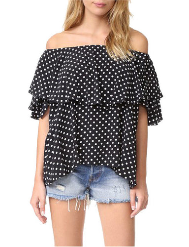 Blooming Jelly Ruffle Black Blouse Polka Dot Blouse Off Shoulder Top Women Tops And Blouses 2017 New Fashion