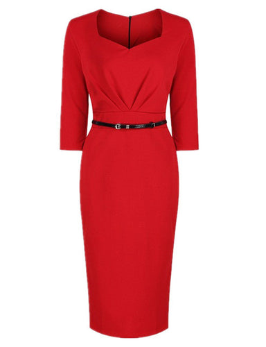 Blooming Jelly Three Quarter Sleeves V Neck Dress Red Package Hip Mid-calf Dress Office Vintage Dress 2017 Women Dresses