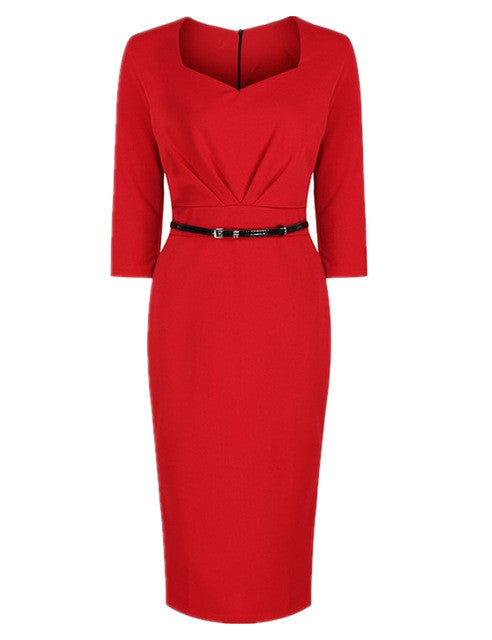 Blooming Jelly Three Quarter Sleeves V Neck Dress Red Package Hip Mid-calf Dress Office Vintage Dress 2017 Women Dresses