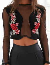 Blooming Jelly Velvet Floral Embroidery Mesh Stretch Sheer Top Sexy Crop Top2017 Fashion Short Chiffon Blouses