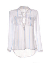 Blue Stripe White Shirt Front Lace Up Tie Up Pocket Sheer See Through Long Sleeve Blouse 2016 Fashion Sexy Ladies Office Shirts