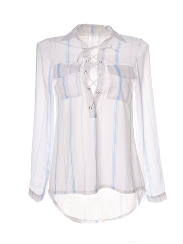 Blue Stripe White Shirt Front Lace Up Tie Up Pocket Sheer See Through Long Sleeve Blouse 2016 Fashion Sexy Ladies Office Shirts
