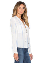 Blue Stripe White Shirt Front Lace Up Tie Up Pocket Sheer See Through Long Sleeve Blouse 2016 Fashion Sexy Ladies Office Shirts