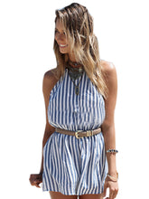 Blue Vertical Striped Print Summer Girl Romper Backless Spaghetti Strap Playsuit Jumpsuit Party Casual Beach Overall Women 2016
