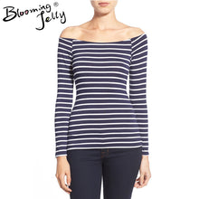 Blue & White Off The Shoulder Tops For Women Striped Shirt Stretch Slim Fitted Top Woman Tee 2017