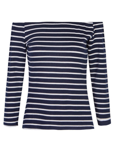 Blue & White Off The Shoulder Tops For Women Striped T Shirt Stretch Slim Fitted Top Woman Tee 2017 Three Quarter Sleeve