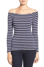 Blue & White Off The Shoulder Tops For Women Striped T Shirt Stretch Slim Fitted Top Woman Tee 2017 Three Quarter Sleeve