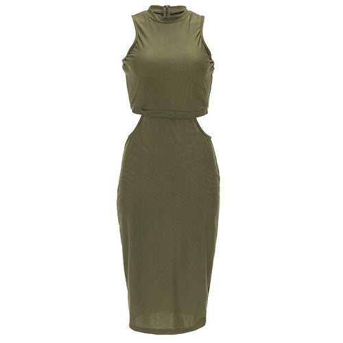 Bodycon Side Cut Out Sheath Midi Army Green Sleeveless Stretch Sexy Women Dress Summer Casual Party Dress 2016 New Fashion