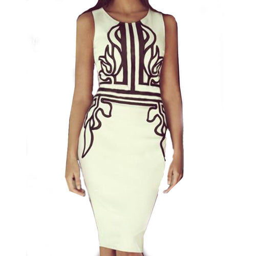 Bodycon Summer Dress White Plus Size Women Dress Print Knee Length Dresses Sleeveless Work Formal Dress 2015 Vestido Vestidos