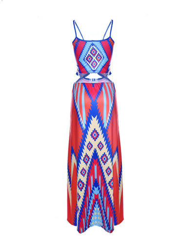 Bohemian Maxi Dress Long Summer Boho Tribal Print Cut Out Red Spaghetti Strap Dress Slip Summer Beach Dresses 2016 Casual New