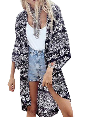 Boho Bohemian Print Open Blouse Women Kimono Long Shirt Chiffon Loose Blouse Cover Up Black Kimono Cardigan Casual Women Fashion