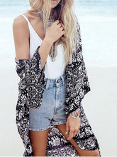 Boho Bohemian Print Open Blouse Women Kimono Long Shirt Chiffon Loose Blouse Cover Up Black Kimono Cardigan Casual Women Fashion