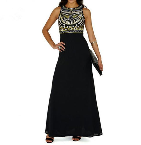 Boho Ehthic Tribal Print Long Maxi Dress Chiffon Party Brazilian Spring Women Beach Causal High Waist Sleeveless Black Dress