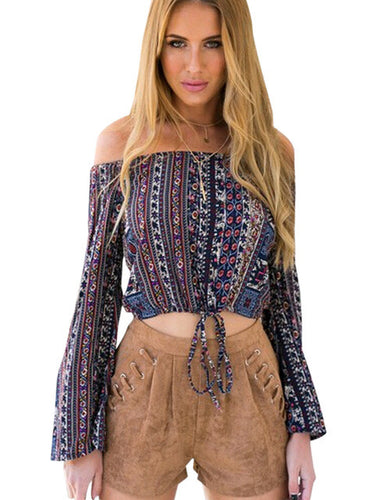 Boho Off Shoulder Blouse Tie Up Crop Top Cropped Long Sleeve Loose Striped Tribal Print Retro Ladies Plus Size