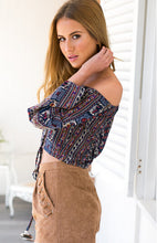 Boho Off Shoulder Blouse Tie Up Crop Top Cropped Long Sleeve Loose Striped Tribal Print Retro Ladies Plus Size