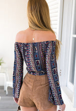 Boho Off Shoulder Blouse Tie Up Crop Top Cropped Long Sleeve Loose Striped Tribal Print Retro Ladies Plus Size