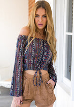 Boho Off Shoulder Blouse Tie Up Crop Top Cropped Long Sleeve Loose Striped Tribal Print Retro Ladies Plus Size