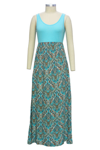Boho Pattern Ethnic Print Tank Blue Patchwork Women Dress Summer Long Maxi Beach Dress Summer Clothes Empire Waist Lady 2016
