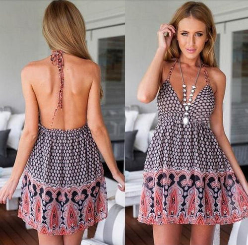 Boho Print Summer Dress 2015 Backless Halter Women Dress V-Neck Bohemian Beach Dresses Summer Style Women Vestido Vestidos Robe