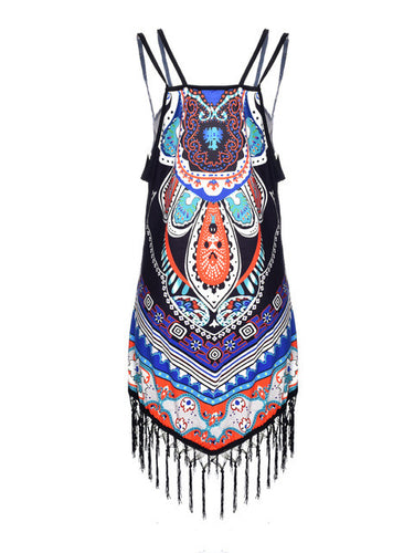 Boho Tassel Strap Sexy Sleeveless Colorful Tribal Print Blouses Spring Summer Fringe Women Top Long Shirt Hollow Out 2016 New