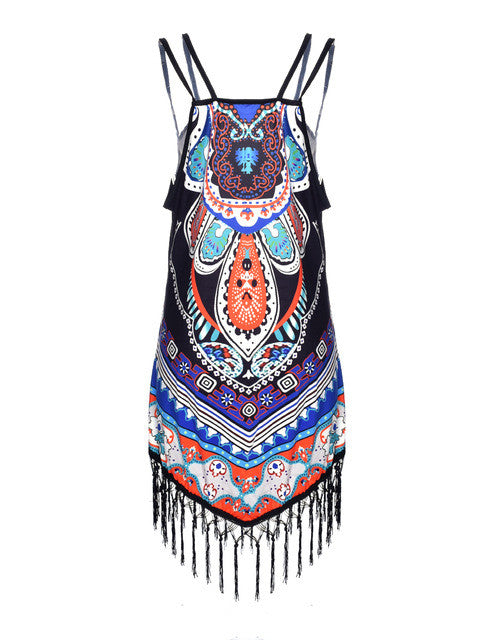 Boho Tassel Strap Sexy Sleeveless Colorful Tribal Print Blouses Spring Summer Fringe Women Top Long Shirt Hollow Out 2016 New