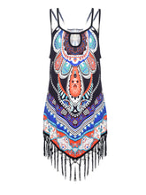 Boho Tassel Strap Sexy Sleeveless Colorful Tribal Print Blouses Spring Summer Fringe Women Top Long Shirt Hollow Out 2016 New