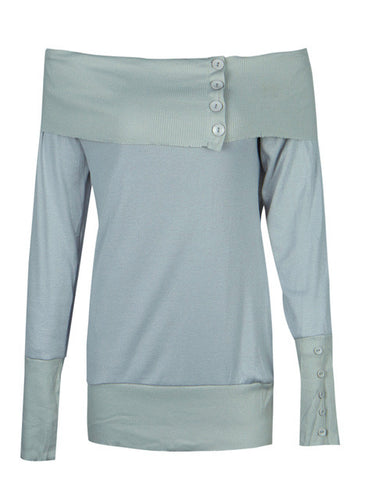 Button Patchwork Grey Kintting Off Shoulder Full Sleeve Blouse Women Fall New Fashion Slim Blouses 2016 Arrival Autumn Blouse