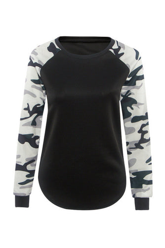 Camouflage Patchwork Full Sleeve Blouse O-Neck XXL Casual Slit Black Blouses 2016 Women New Arrival Casual Top