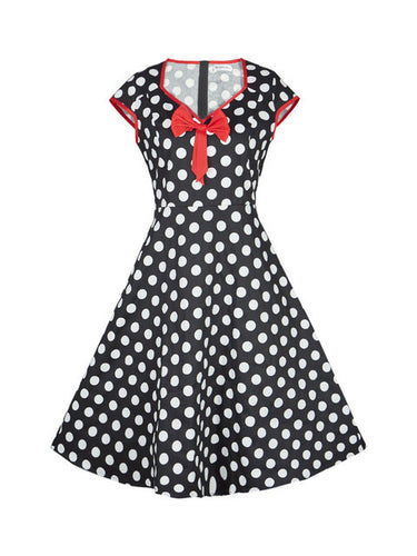 Cap Sleeve Dress Polka Dot Print Vintage 60S 50S Rockability Swing Retro 50'S Red Front Bow Dress Retro High Waist High Quality