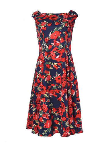 Cap Sleeves Red Floral Print Dress Mid-calf Swing Dress Cocktail Party Women Vintage Dresses Vestidos 2017