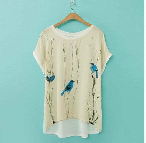 Casual Chiffon Women T Shirt Women Tops Pullover Birds Female Shirts Printed Roupas Blusas Camisas Femininas