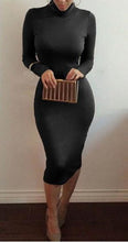 Casual High Neck Midi Dress for Women Autumn Bodycon Slim Pencil Dress 2015 Fashion Khaki Black Long Sleeve Dress