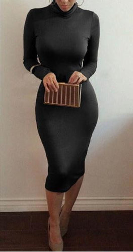 Casual High Neck Midi Dress for Women Autumn Bodycon Slim Pencil Dress 2015 Fashion Khaki Black Long Sleeve Dress