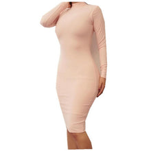 Casual High Neck Midi Dress for Women Autumn Bodycon Slim Pencil Dress 2015 Fashion Khaki Black Long Sleeve Dress