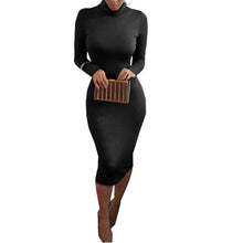 Casual High Neck Midi Dress for Women Autumn Bodycon Slim Pencil Dress 2015 Fashion Khaki Black Long Sleeve Dress
