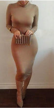 Casual High Neck Midi Dress for Women Autumn Bodycon Slim Pencil Dress 2015 Fashion Khaki Black Long Sleeve Dress
