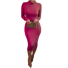 Casual High Neck Midi Dress for Women Autumn Bodycon Slim Pencil Dress 2015 Fashion Khaki Black Long Sleeve Dress