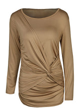 Casual O-Neck Blouse Full Sleeve Kink Solid Ruched Bodycon Khaki Blouses Women Tops And Blouses For 2016 Fashion Casual Fall Top