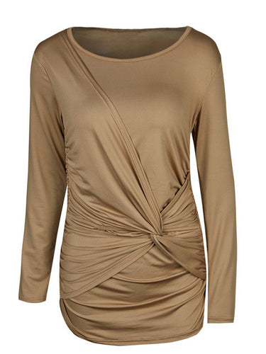 Casual O-Neck Blouse Full Sleeve Kink Solid Ruched Bodycon Khaki Blouses Women Tops And Blouses For 2016 Fashion Casual Fall Top