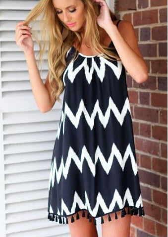 Casual Summer Style Women Dress Strap Beach Dresses Mini Backless Striped Fringe Little Black Summer Dress 2015 Vestido Vestidos