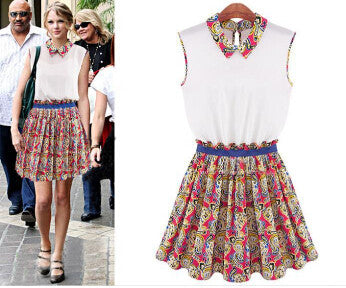 Casual Women Pleated Dresses Collar Floral Printed Dress Sumer Style Mini Bohemian Elegant Summer Dress Vestidos Femininos
